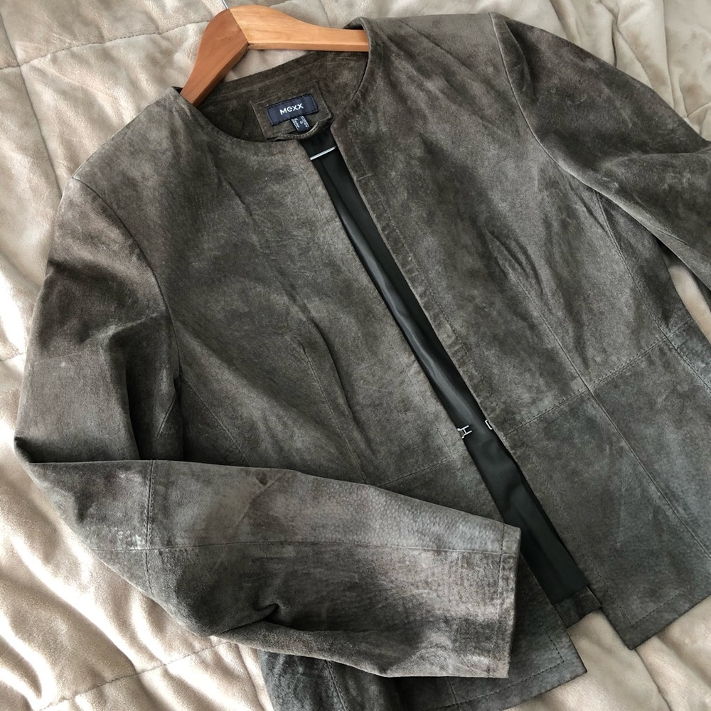 Olive Green Mexx Suede Leather Dress Jacket: From England; American Size Smaller